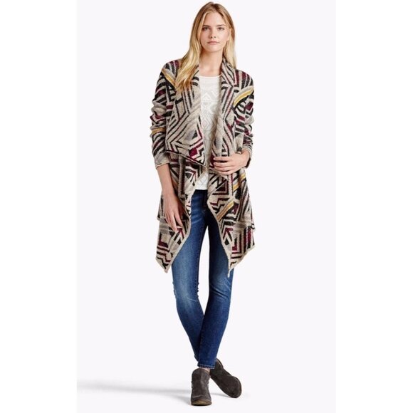 Lucky Brand Aztec Intarsia Sweater Open Front Southwest Cardigan Sweater Sz M - Picture 1 of 8